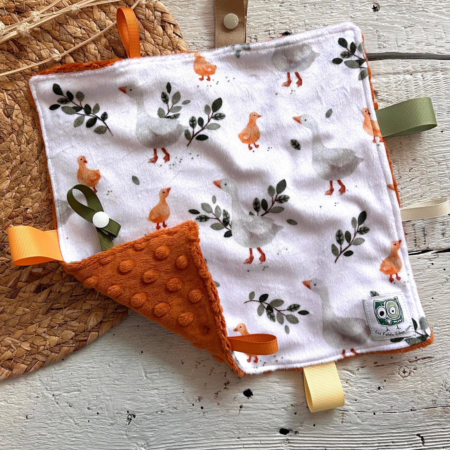 Doudou Rikiki douce des 2 cotés, EN STOCK PRÊTES À PARTIR ! doudou attache suce / jouet, taille 10x10" (25cm x 25cm) endos en minky