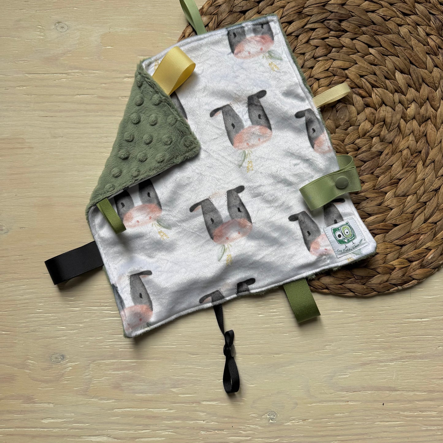 Doudou Rikiki douce des 2 cotés, EN STOCK PRÊTES À PARTIR ! doudou attache suce / jouet, taille 10x10" (25cm x 25cm) endos en minky