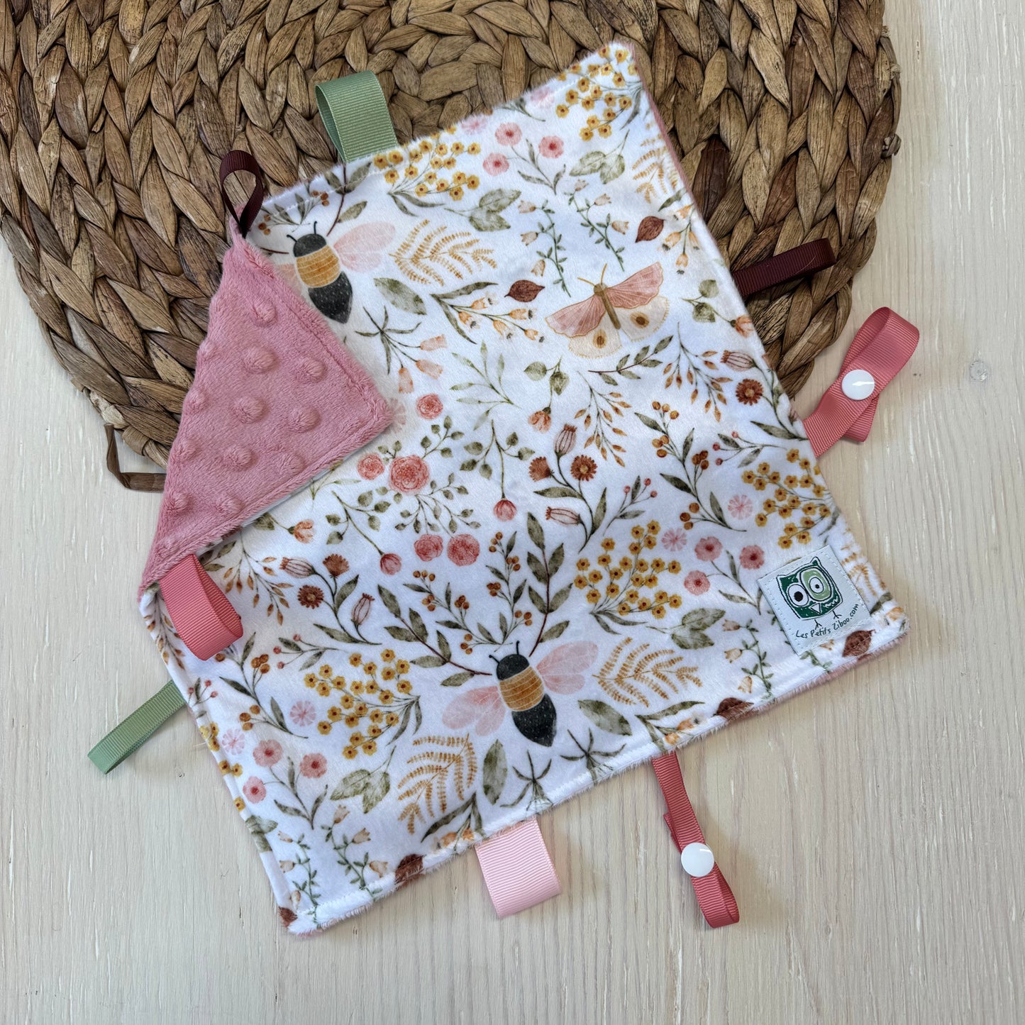 Doudou Rikiki douce des 2 cotés, EN STOCK PRÊTES À PARTIR ! doudou attache suce / jouet, taille 10x10" (25cm x 25cm) endos en minky