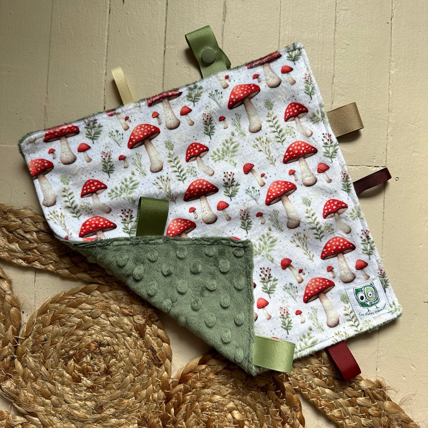 Doudou Rikiki douce des 2 cotés, EN STOCK PRÊTES À PARTIR ! doudou attache suce / jouet, taille 10x10" (25cm x 25cm) endos en minky