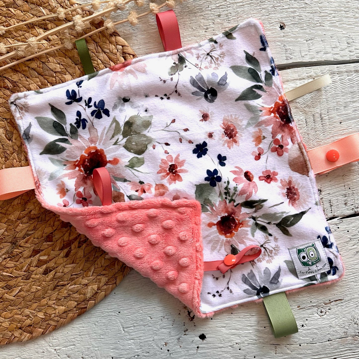 Doudou Rikiki douce des 2 cotés,doudou attache suce / jouet, taille 10x10" (25cm x 25cm) endos en minky ou fourrure et possibilité d'ajouter l'ensemble cadeau