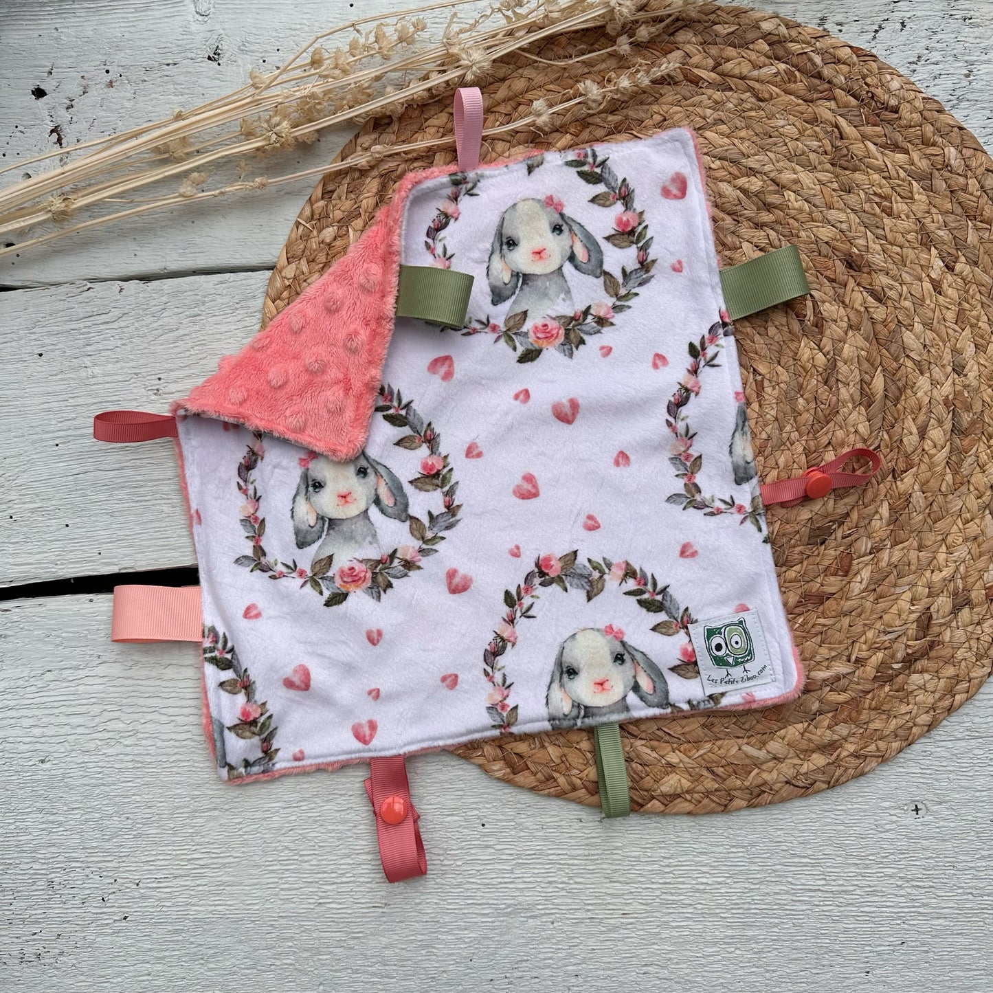 Doudou Rikiki douce des 2 cotés, EN STOCK PRÊTES À PARTIR ! doudou attache suce / jouet, taille 10x10" (25cm x 25cm) endos en minky