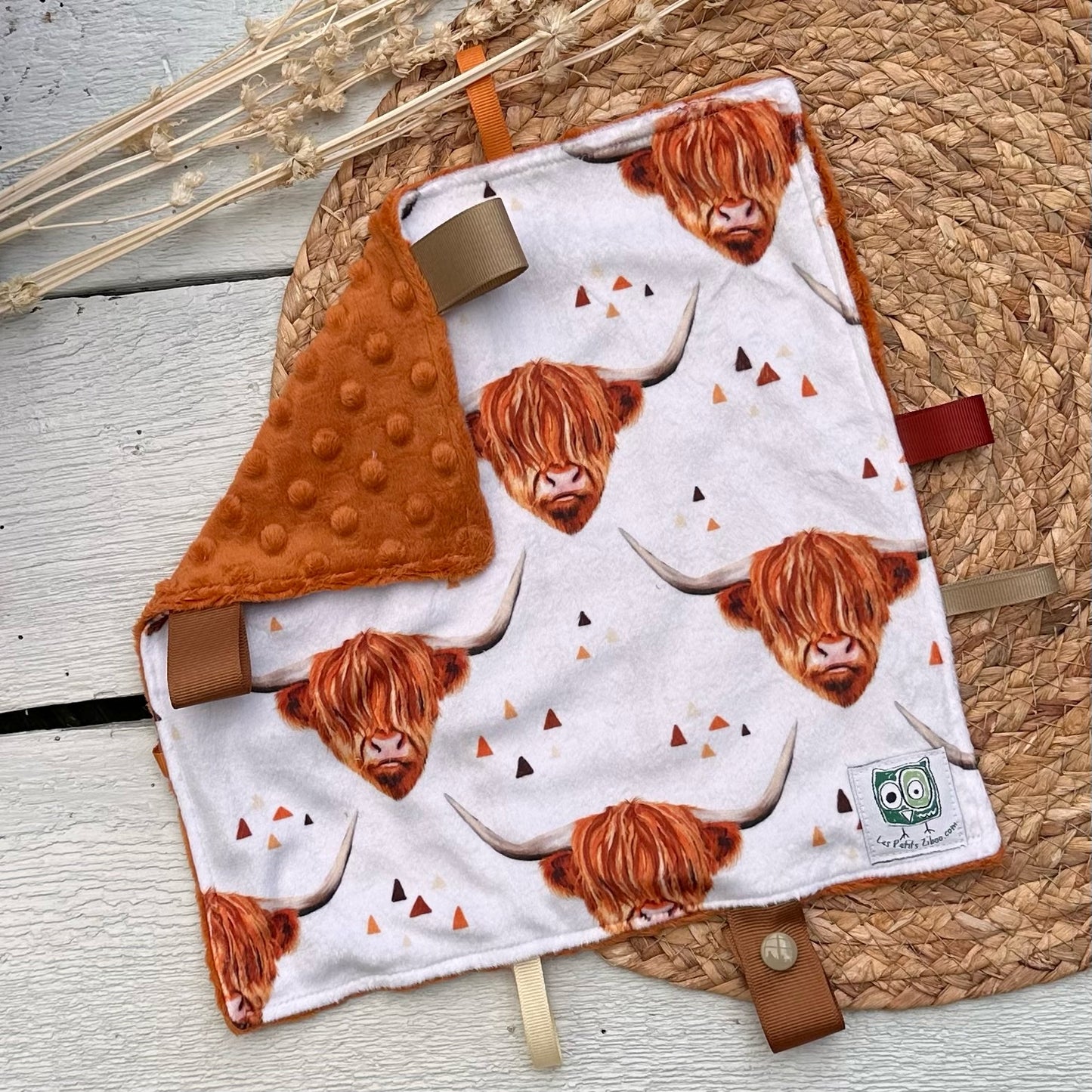 Doudou Rikiki douce des 2 cotés,doudou attache suce / jouet, taille 10x10" (25cm x 25cm) endos en minky ou fourrure et possibilité d'ajouter l'ensemble cadeau