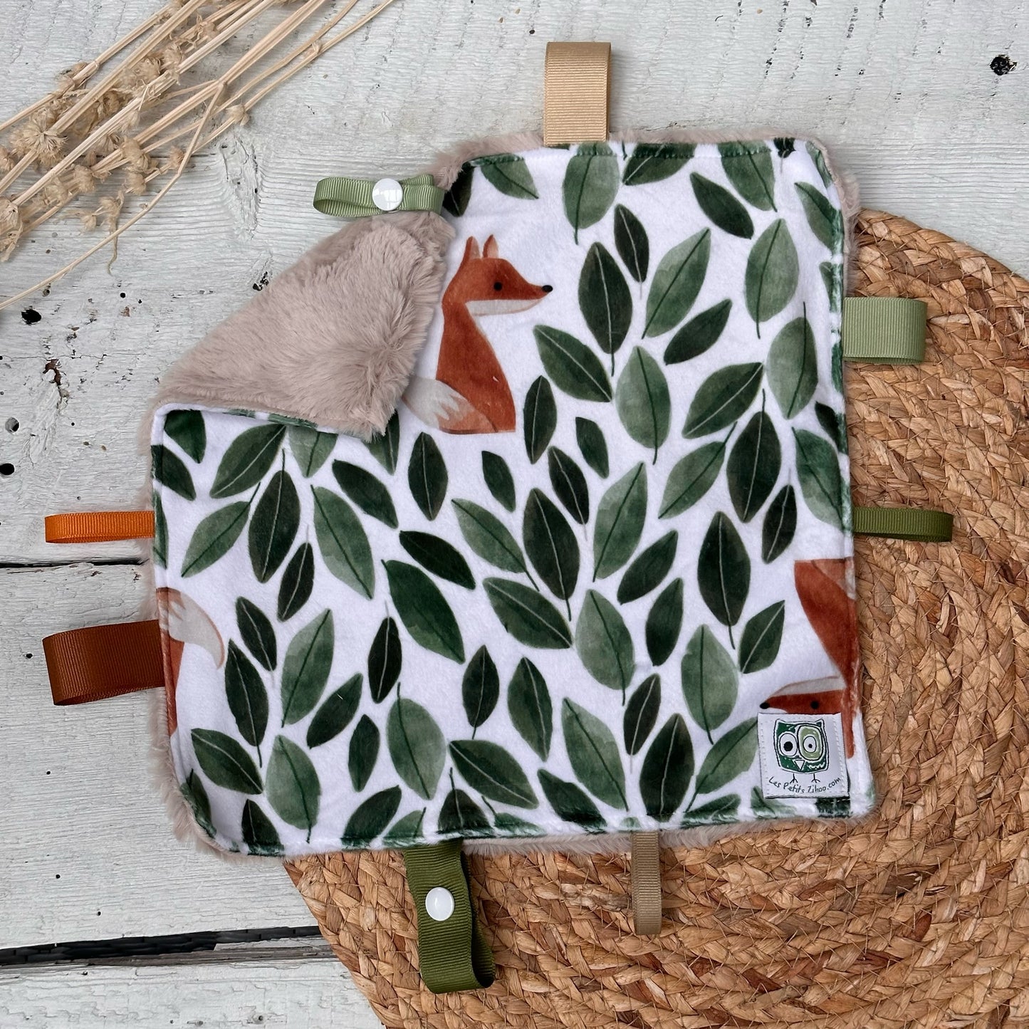 Doudou Rikiki douce des 2 cotés,doudou attache suce / jouet, taille 10x10" (25cm x 25cm) endos en minky ou fourrure et possibilité d'ajouter l'ensemble cadeau