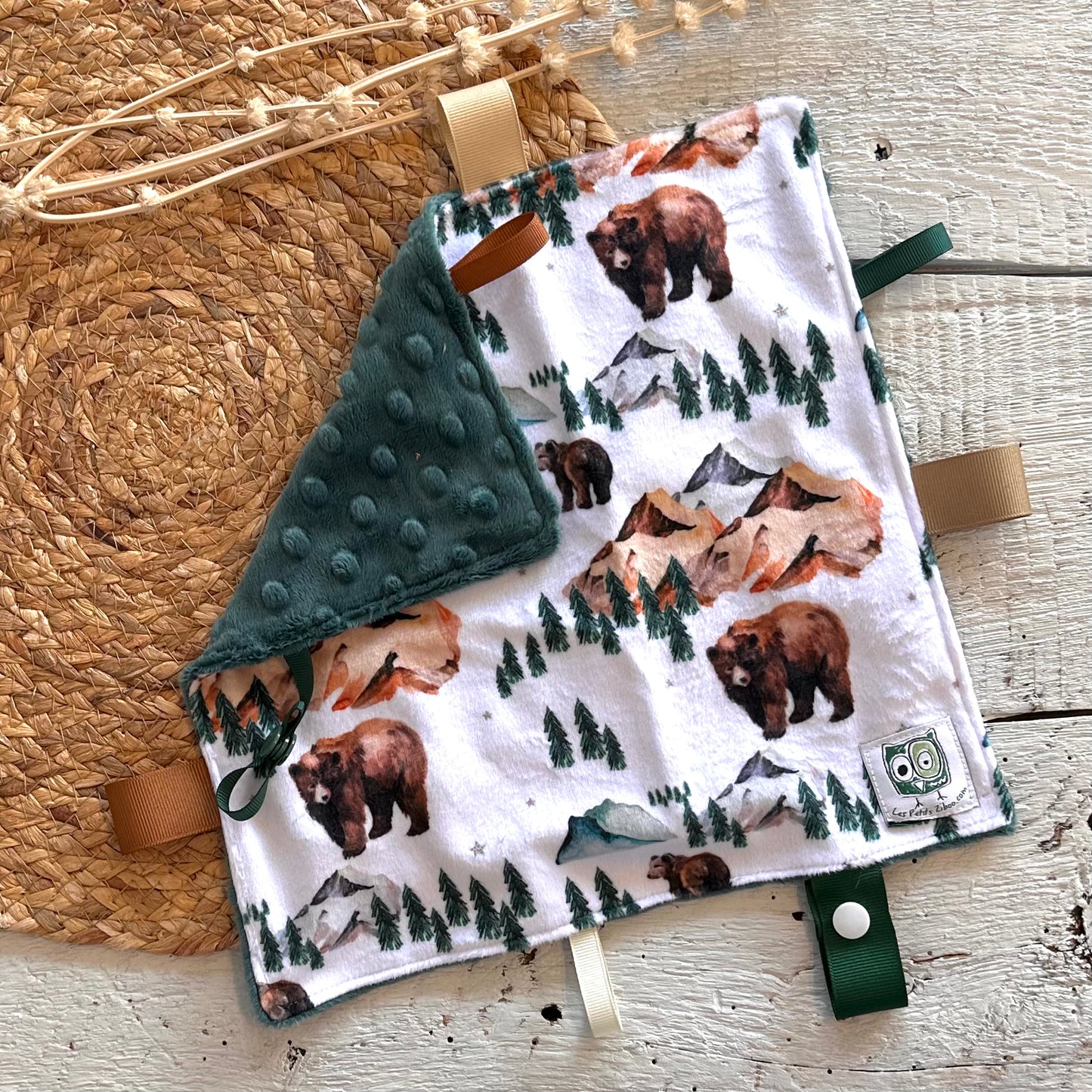 Doudou Rikiki douce des 2 cotés,doudou attache suce / jouet, taille 10x10" (25cm x 25cm) endos en minky ou fourrure et possibilité d'ajouter l'ensemble cadeau