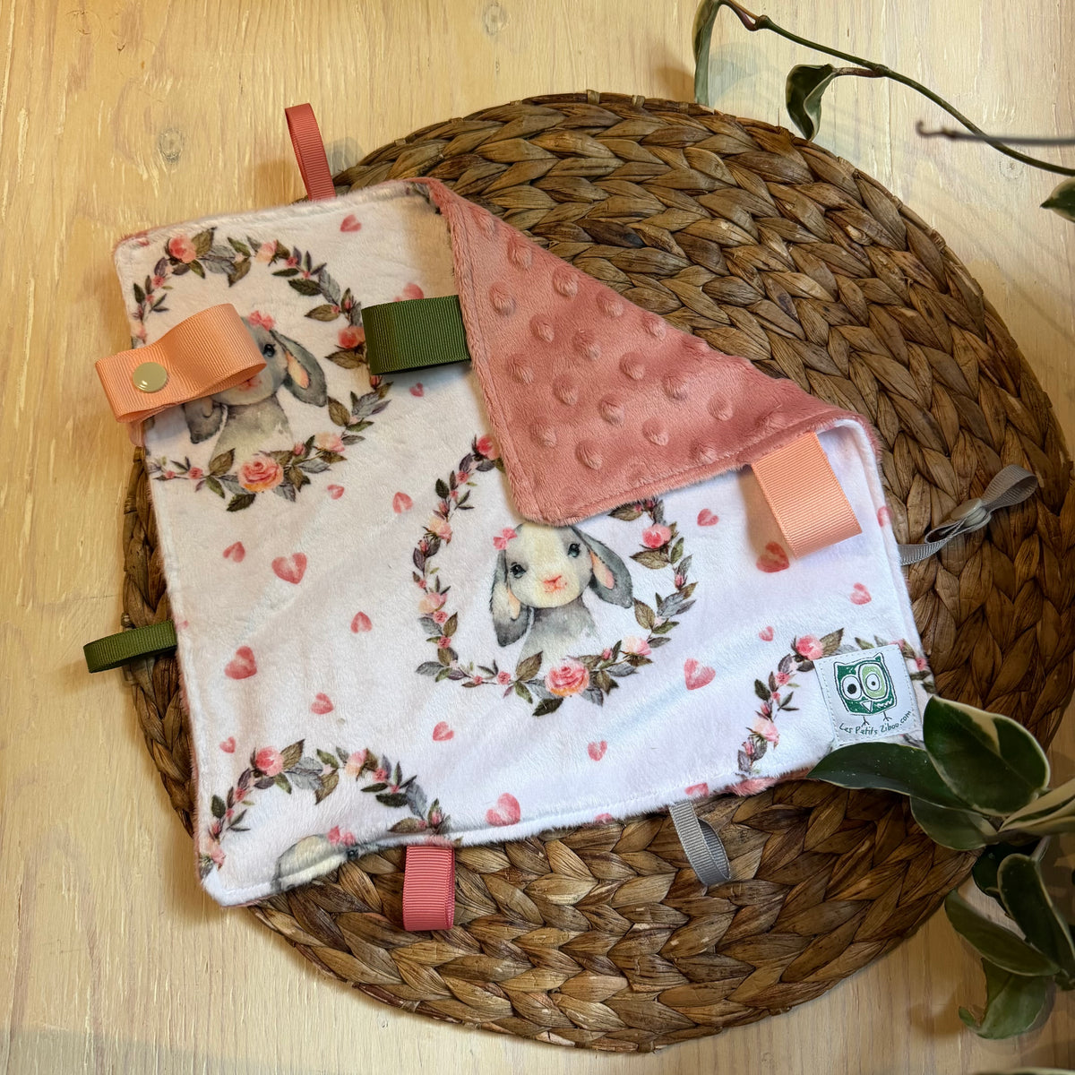 Doudou Rikiki soft on both sides, IN STOCK READY TO GO! doudou pacifier clip / toy, size 10x10" (25cm x 25cm) minky backing